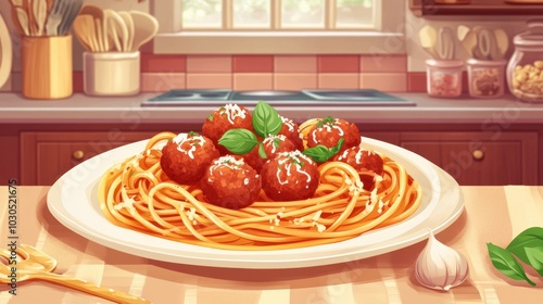 Cartoon-style gourmet spaghetti with meatballs, set against a warm Italian kitchen background, with detailed patterns and textures.
