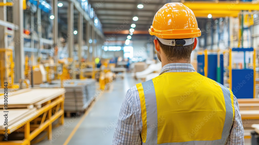 worker in safety vest and hard hat observes manufacturing process in large industrial facility, ensuring safety and efficiency worker in safety vest and hard hat observes manufacturing process in large industrial facility, ensuring safety and efficiency