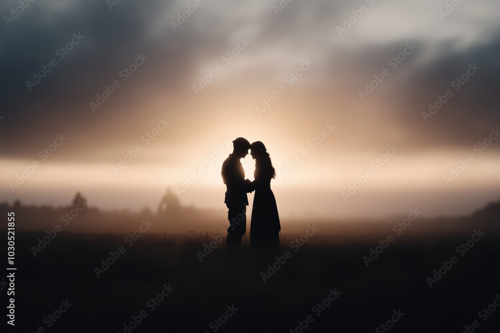 couple embracing in silhouette against stunning sunset, surrounded by misty landscape, evokes sense of romance and connection couple embracing in silhouette against stunning sunset, surrounded by misty landscape, evokes sense of romance and connection