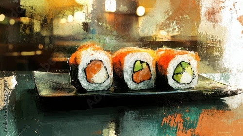 Cartoon-style gourmet sushi handrolls with fresh ingredients, placed on a sleek modern restaurant background with detailed textures and soft lighting. photo