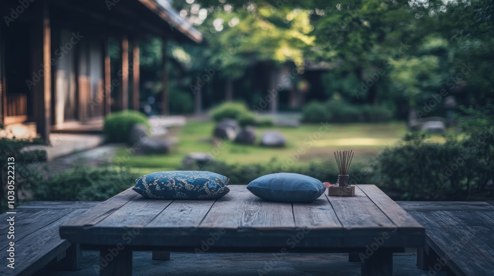 custom made wallpaper toronto digitalA serene outdoor space with a wooden table, cushions, and a lush garden view.