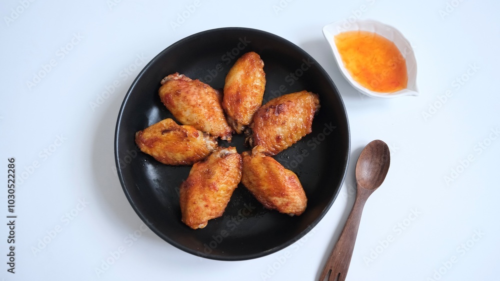 Buffalo chicken wings on black plate with sweet sauce isolated on white background. Buffalo chicken wings on black plate with sweet sauce isolated on white background.