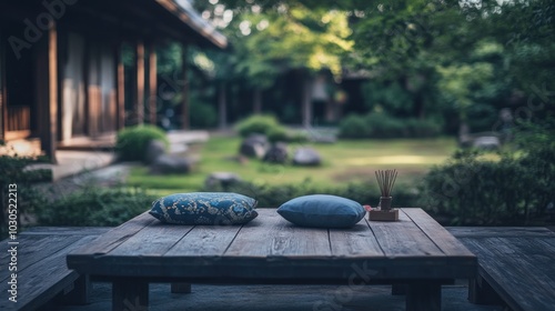 Wallpaper Mural A serene outdoor space with a wooden table, cushions, and a lush garden view. Torontodigital.ca