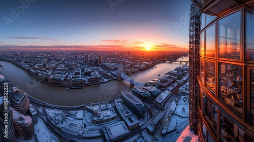 Stunning sunset over a snow-covered cityscape by the river, showcasing urban tranquility.