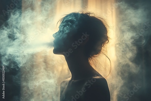 Silhouette of a woman surrounded by smoke in a mysterious atmosphere