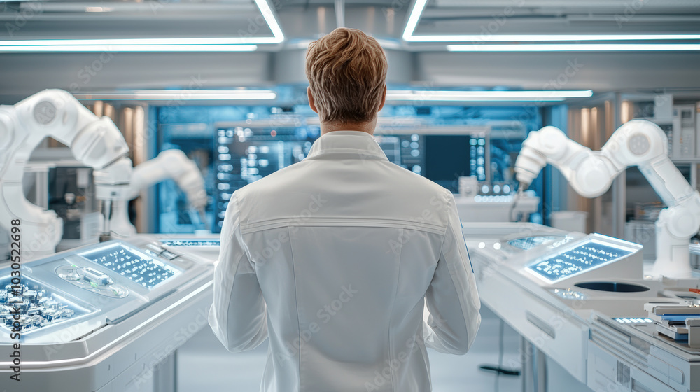 Obraz premium factory automation specialist observes advanced robotic systems in modern workspace, showcasing integration of technology and innovation