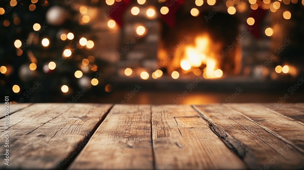 Rustic wooden table in foreground with blurred cozy fireplace and twinkling Christmas lights in background, creating warm festive ambiance for holiday season. Rustic wooden table in foreground with blurred cozy fireplace and twinkling Christmas lights in background, creating warm festive ambiance for holiday season.