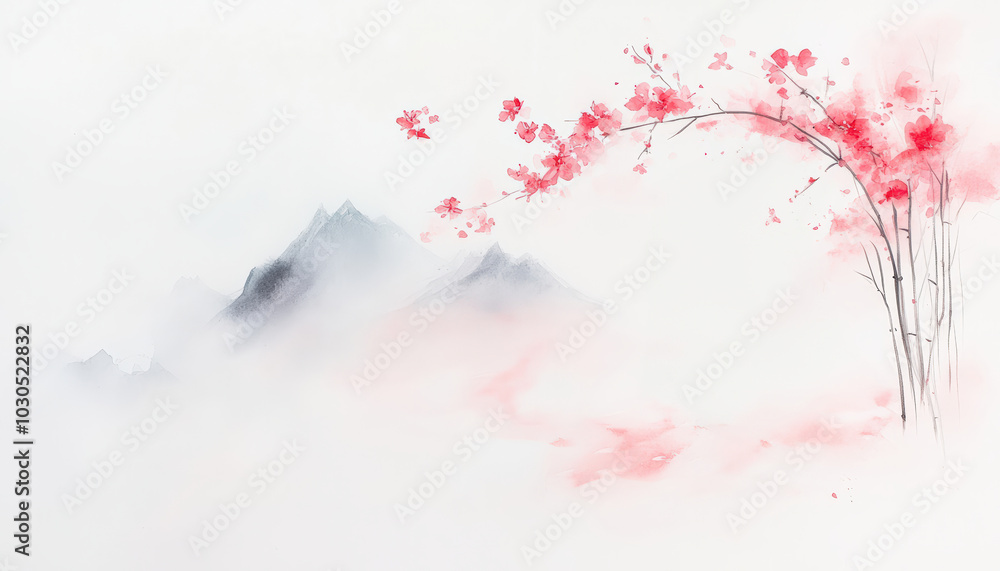 serene landscape featuring delicate cherry blossoms and misty mountains creates tranquil atmosphere. soft colors evoke sense of peace and harmony
