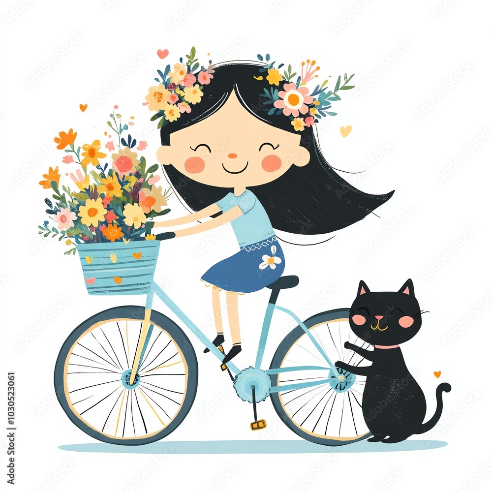 A cheerful girl rides her bicycle adorned with flowers, accompanied by a playful black cat, celebrating joy and nature. A cheerful girl rides her bicycle adorned with flowers, accompanied by a playful black cat, celebrating joy and nature.