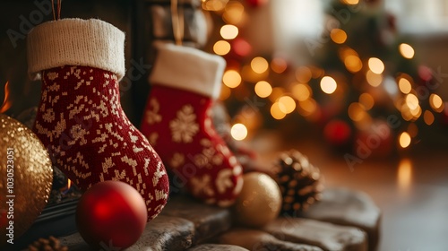 Wallpaper Mural Cozy Christmas scene with festive red stockings and shimmering ornaments. Torontodigital.ca