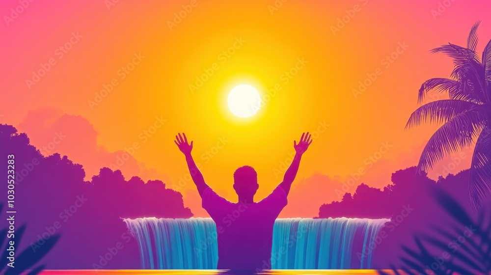 A man embraces nature at sunset by a serene waterfall, raising his arms in acceptance and connection with the world around him A man embraces nature at sunset by a serene waterfall, raising his arms in acceptance and connection with the world around him