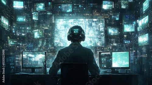 Male scientist immersed in a high-tech data environment with multiple screens.