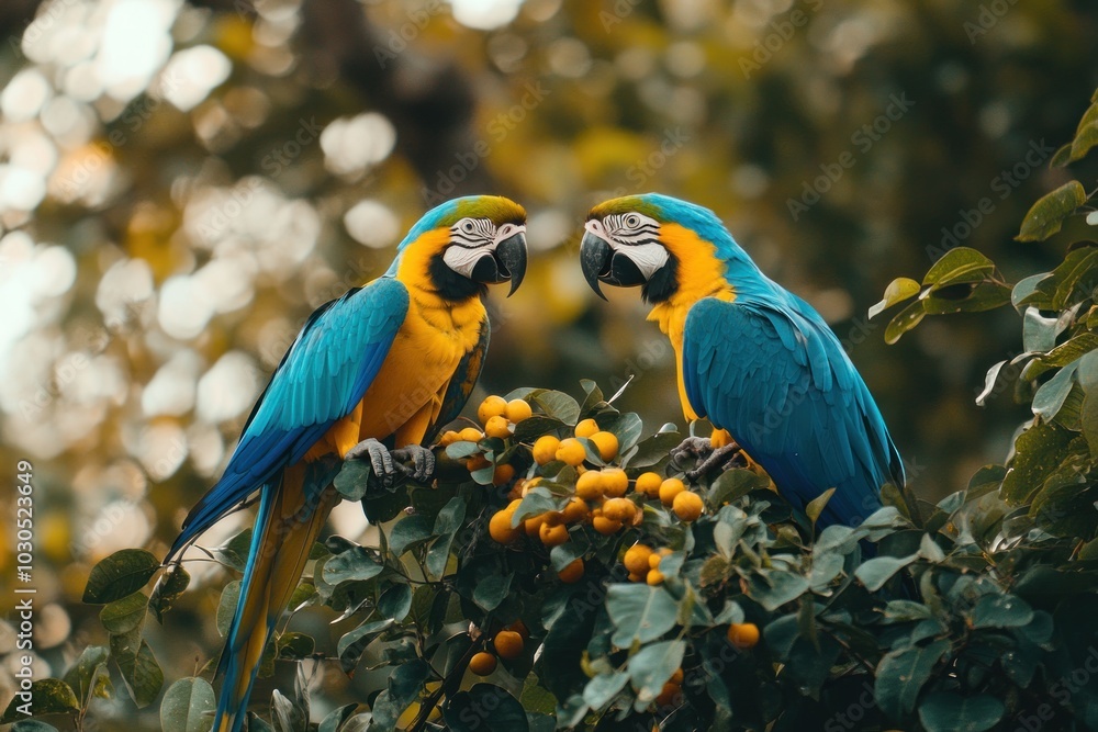 Obraz premium Two vibrant macaws perched on a branch with yellow fruits, surrounded by lush greenery.