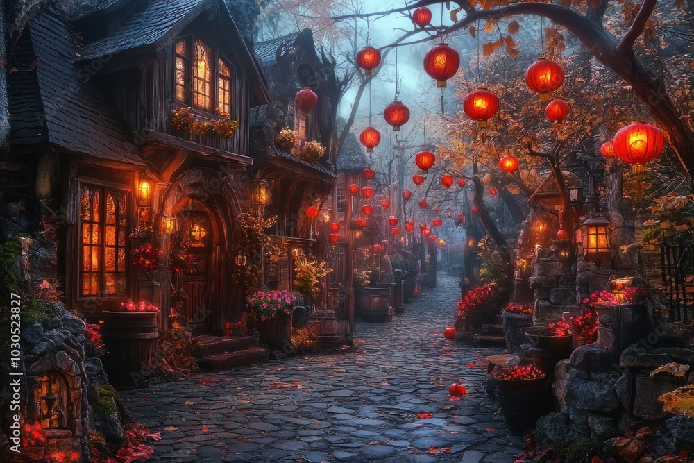 A serene, lantern-lit village street adorned with flowers and autumn leaves. A serene, lantern-lit village street adorned with flowers and autumn leaves.