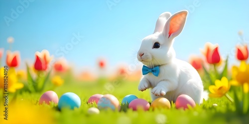 Easter Bunny Wearing Bow Tie With Eggs in a Tulip Field