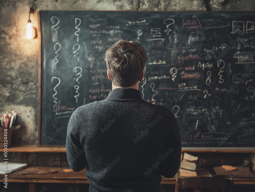 Businessman Facing Chalkboard with Question Marks and Detailed Notes, Analyzing Problem-Solving Strategies Businessman Facing Chalkboard with Question Marks and Detailed Notes, Analyzing Problem-Solving Strategies