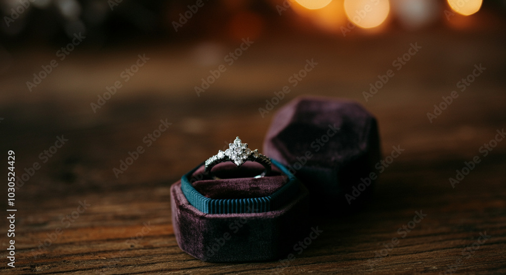 Engagement ring in elegant velvet box with wedding jewelry and sparkling diamond detail Engagement ring in elegant velvet box with wedding jewelry and sparkling diamond detail