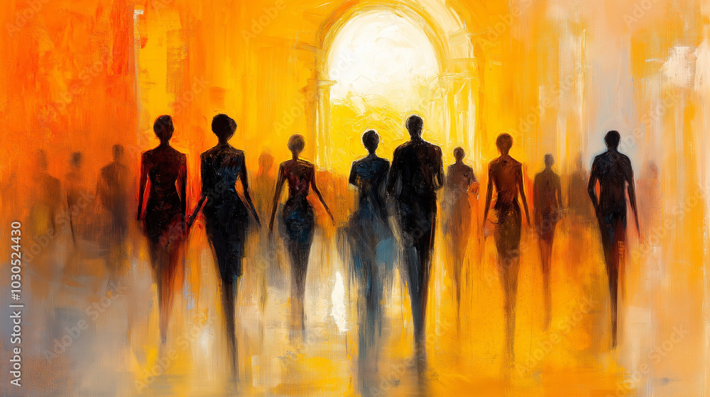 A painting that reflects the lively atmosphere of a bustling art gallery opening, with abstract figures mingling throughout the space. The venue is filled with warm lights and soft A painting that reflects the lively atmosphere of a bustling art gallery opening, with abstract figures mingling throughout the space. The venue is filled with warm lights and soft