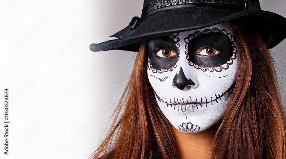 Halloween make up sugar skull. Sugar skull girl in hat, studio shot Halloween make up sugar skull. Sugar skull girl in hat, studio shot