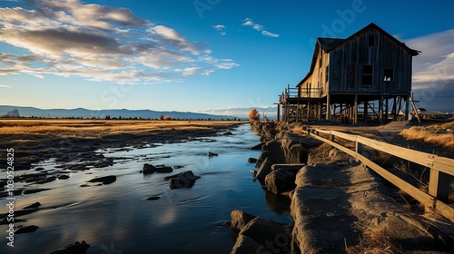 A Rustic Wooden Structure Stands Alone On Elevated Stilts Beside A Serene River Flowing Through A Dry Meadow photo