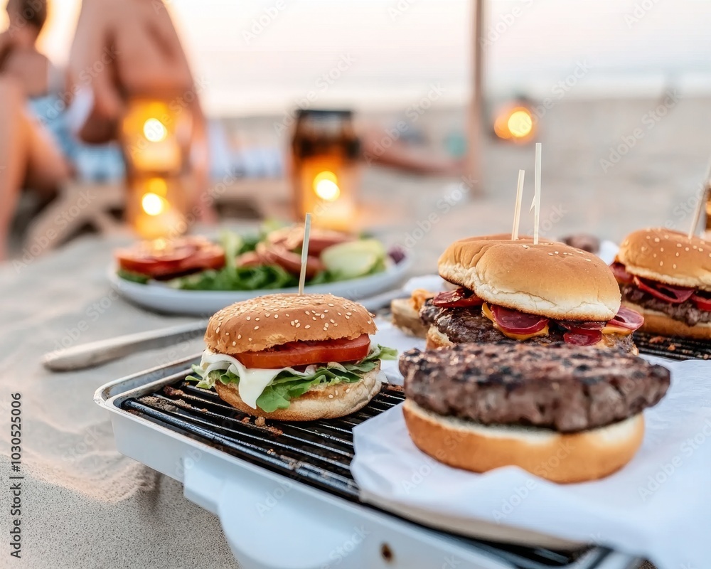 Spooky Halloween cookout at an American beach ghost burgers grilling Spooky Halloween cookout at an American beach ghost burgers grilling