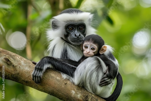 A mother monkey and her baby sit together on a branch in a lush green environment.