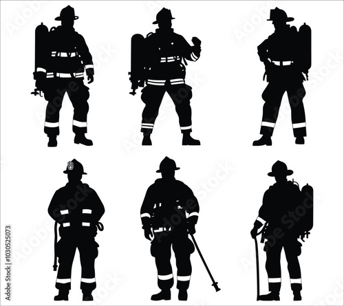 Firefighter silhouette set vector, Black silhouettes of young firefighter, Vector firefighter silhouettes set