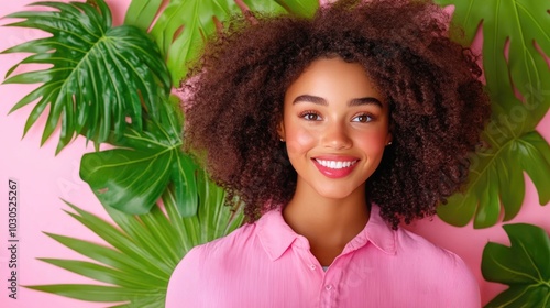 Smiling woman with curly hair in pink shirt against tropical leaf background photo