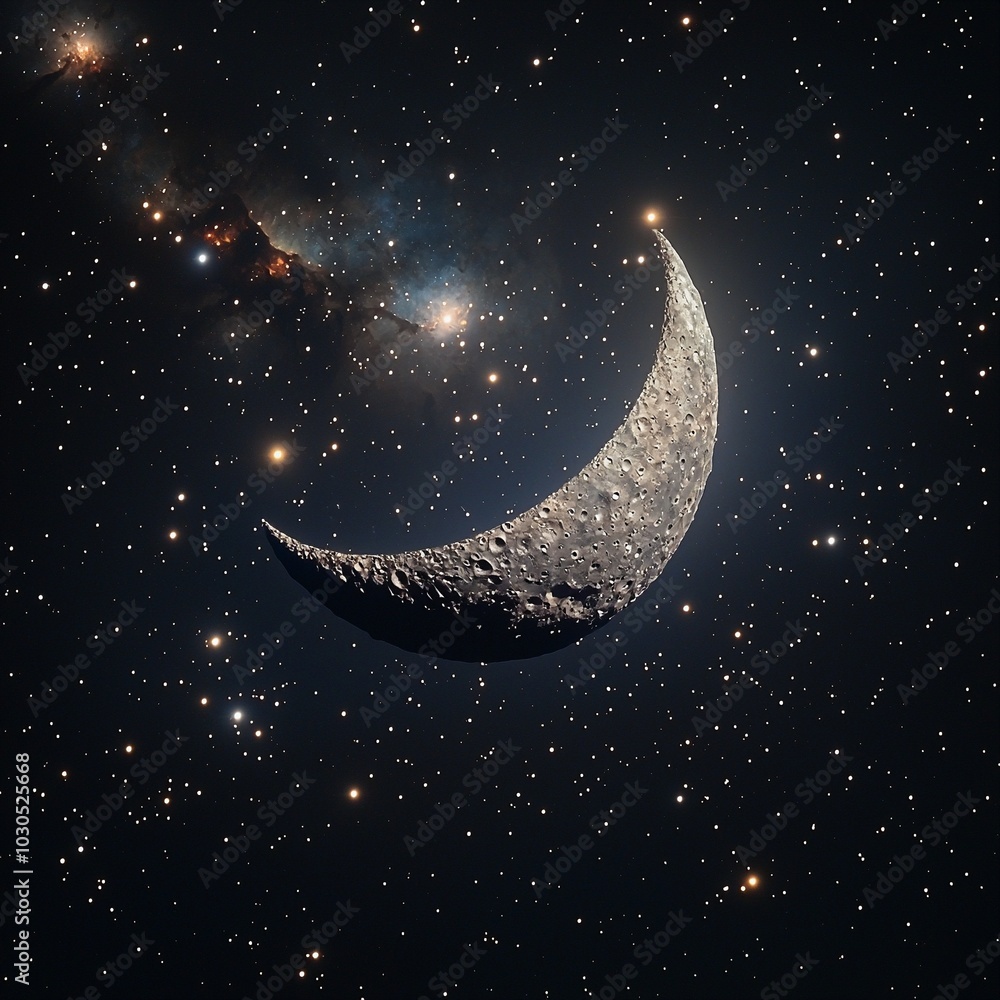 Naklejka premium Mesmerizing Crescent-Shaped Asteroid Illuminated by Distant Stars and Galaxies