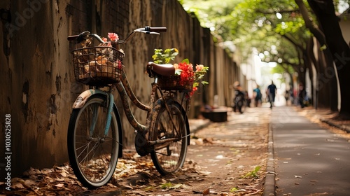 A vintage bicycle adorned with a bouquet of flowers rests against a weathered brick wall in a quiet alleyway, casting a nostalgic charm on the otherwise unassuming street.