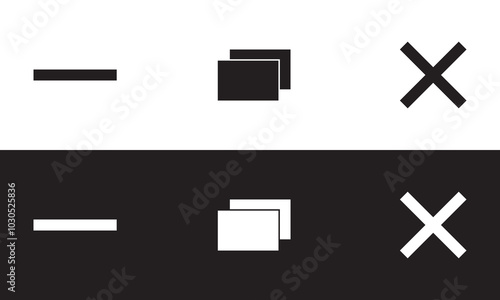 Minimize, Maximize, and Close button icon vector for web and UI. Web buttons for software and application.  Vector illustration isolated on white and black background. EPS 10