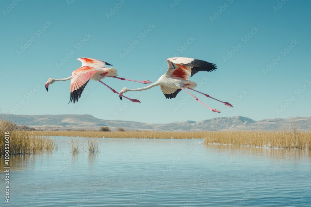 Fototapeta premium Two flamingos flying over a serene water body with a clear blue sky.