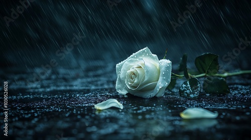 A delicate white rose lies on a wet surface, glistening with raindrops, capturing a serene yet melancholic moment in nature.