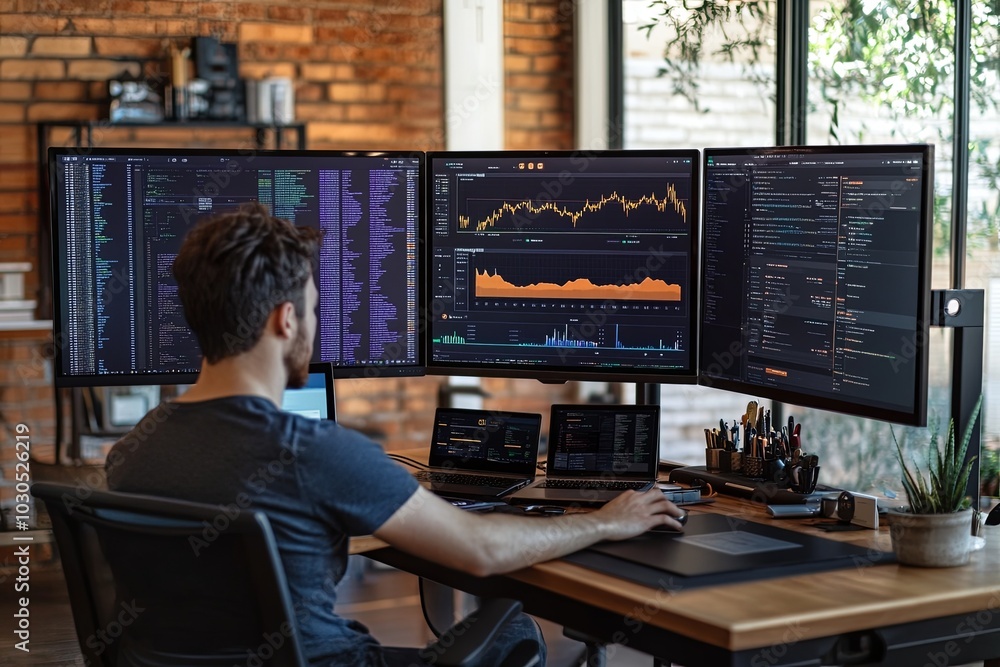 A person analyzes data on multiple monitors in a modern workspace with brick walls during the daytime. Generative AI A person analyzes data on multiple monitors in a modern workspace with brick walls during the daytime. Generative AI