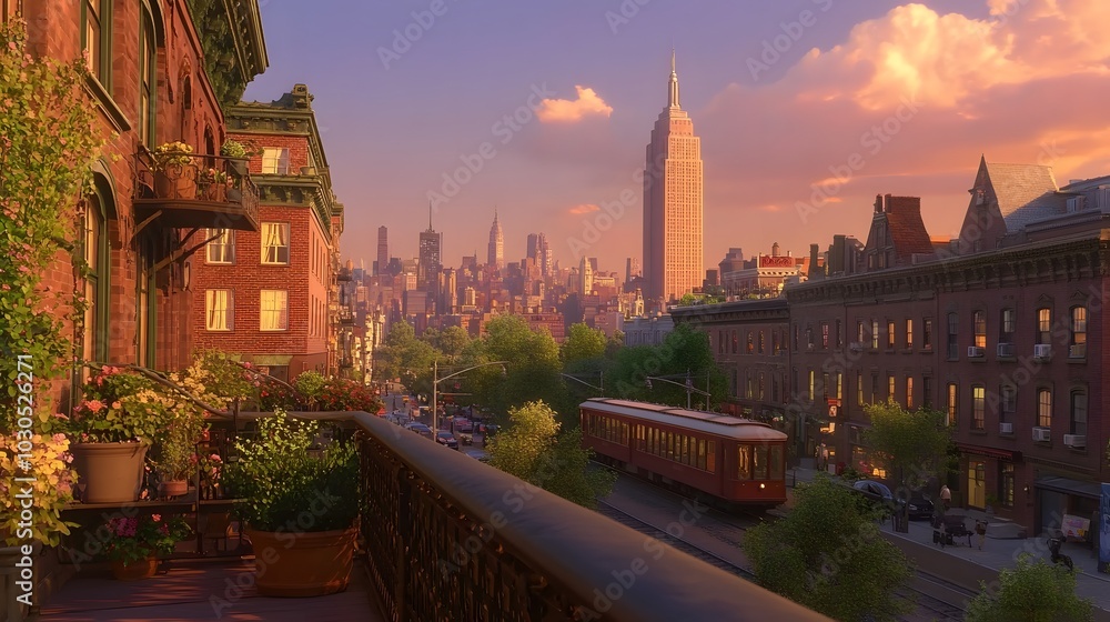 Obraz premium Stunning cityscape with sunset hues, featuring the Empire State Building.