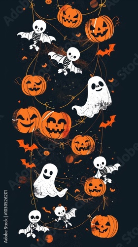 Festive halloween ghosts and pumpkins with bats seamless pattern for autumn decor. AI