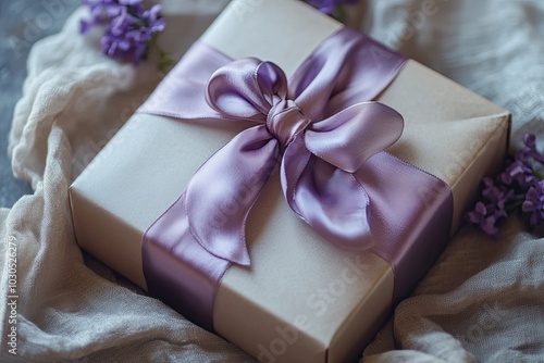 A beautifully wrapped gift with a lavender ribbon surrounded by delicate purple flowers on a soft fabric surface. Generative AI