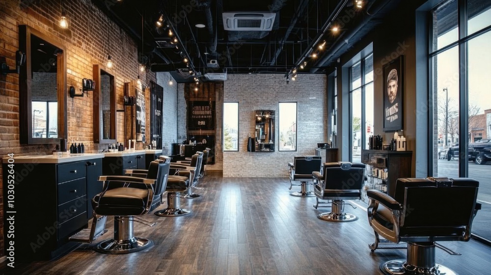 custom made wallpaper toronto digitalCool men's barber shop with black leather chairs, polished wood floors, and sleek metal fixtures, combining modern design with industrial style.