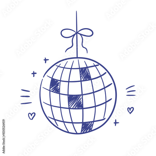 Contemporary minimalist line art illustration of disco ball. Hand drawn decorative element for party. Outline doodle drawing of 70s symbol. Vector graphic