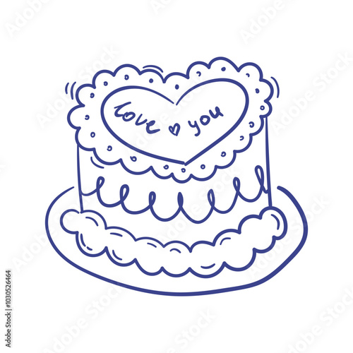 Hand drawn doodle drawing of cute heart shaped cake with text. Dessert for valentine day, birthday, wedding. Outline scribble pastry. Vector graphic