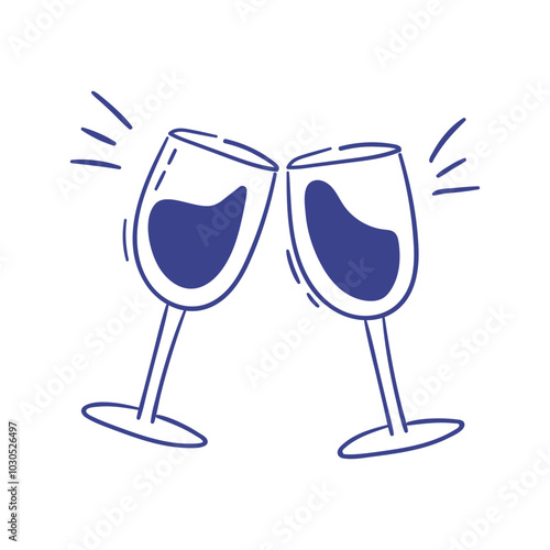 Doodle cheers drawing. Wine glasses as a symbol of celebration. Alcohol drink line art silhouette. Vector graphic