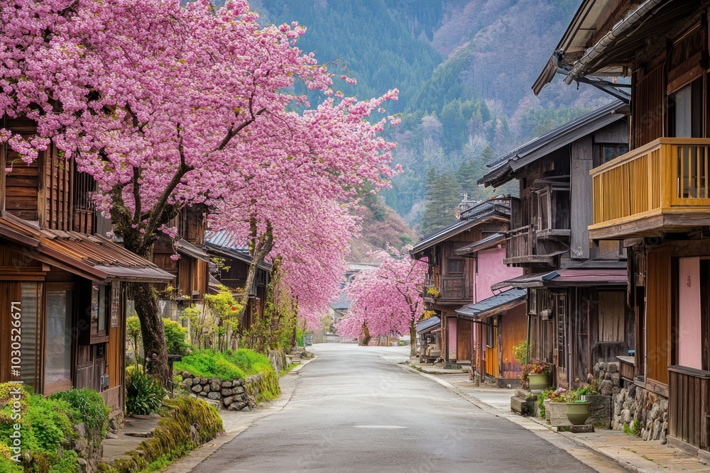 Serene street lined with cherry blossoms and traditional wooden houses. Serene street lined with cherry blossoms and traditional wooden houses.