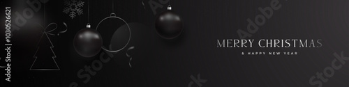 Elegant black Christmas banner with sleek baubles