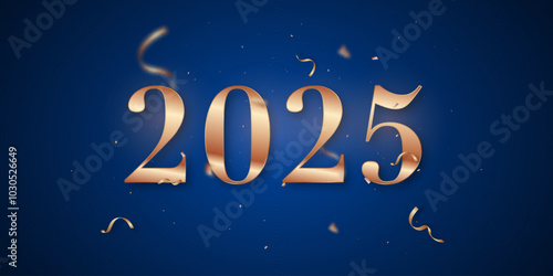 Rose gold 2025 celebration on blue background with confetti