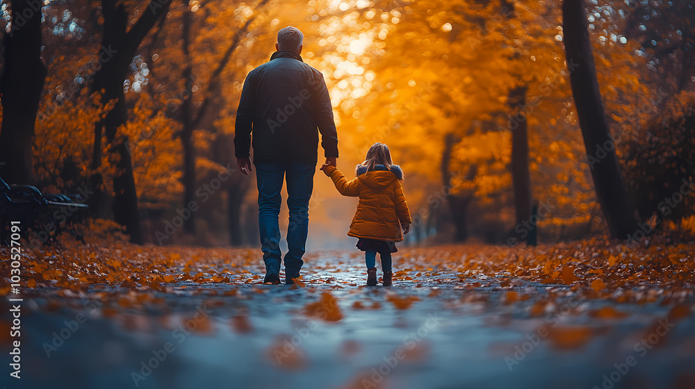An autumn leaf fall walk with father and daughter. The concept of fatherhood, adventure, and family with one child. Banner with copy space. An autumn leaf fall walk with father and daughter. The concept of fatherhood, adventure, and family with one child. Banner with copy space.