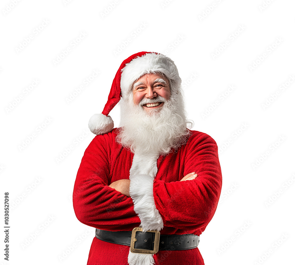 Naklejka premium Smiling happily, a happy and classic Santa Claus in a photo for a happy Christmas, Isolated on Transparent Background, PNG