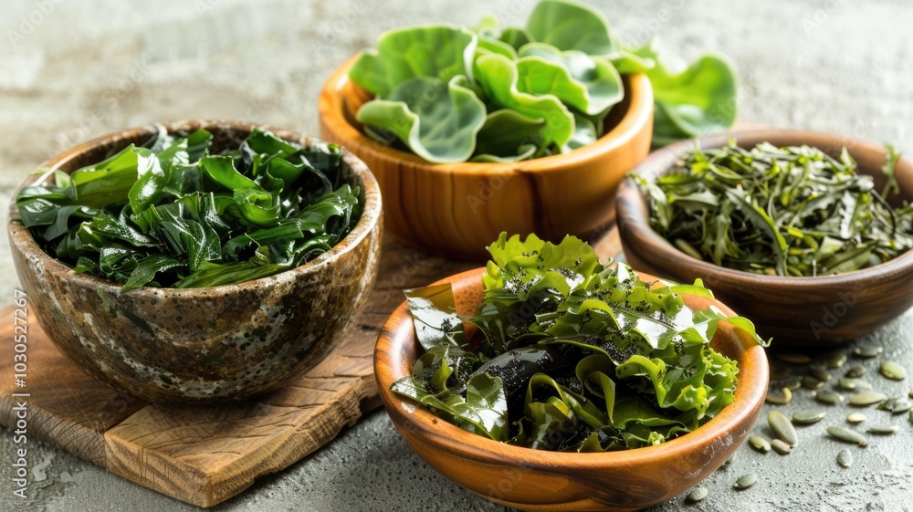 Fresh edible seaweed selection on rustic wooden bowls for healthy eating Fresh edible seaweed selection on rustic wooden bowls for healthy eating