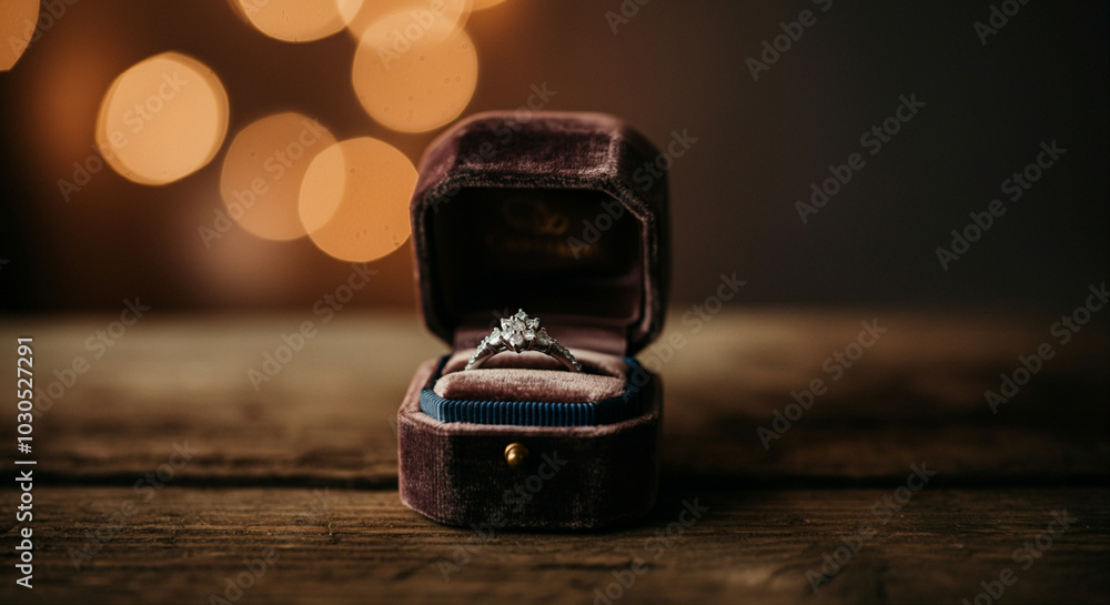 Engagement ring in jewelry box with bokeh lights background showcasing elegant design and romantic theme Engagement ring in jewelry box with bokeh lights background showcasing elegant design and romantic theme