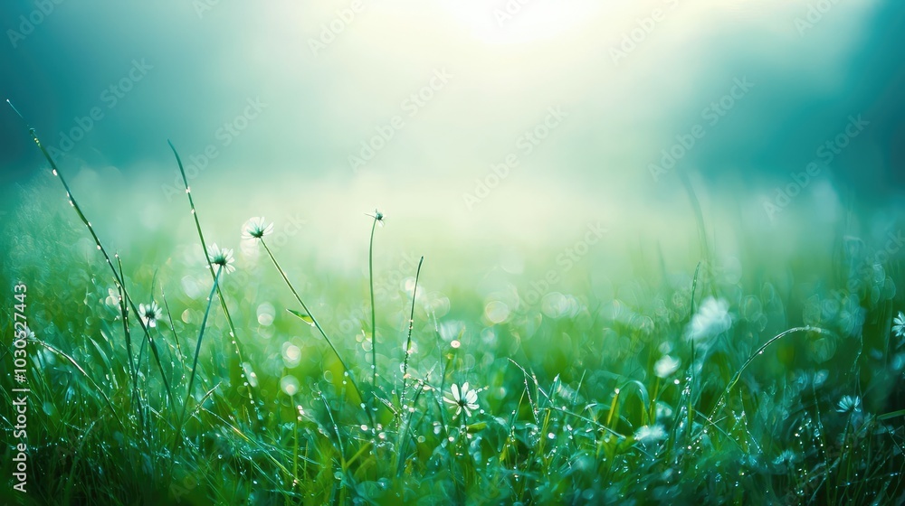 Fototapeta premium Serene Foggy Morning in a Meadow with Dew