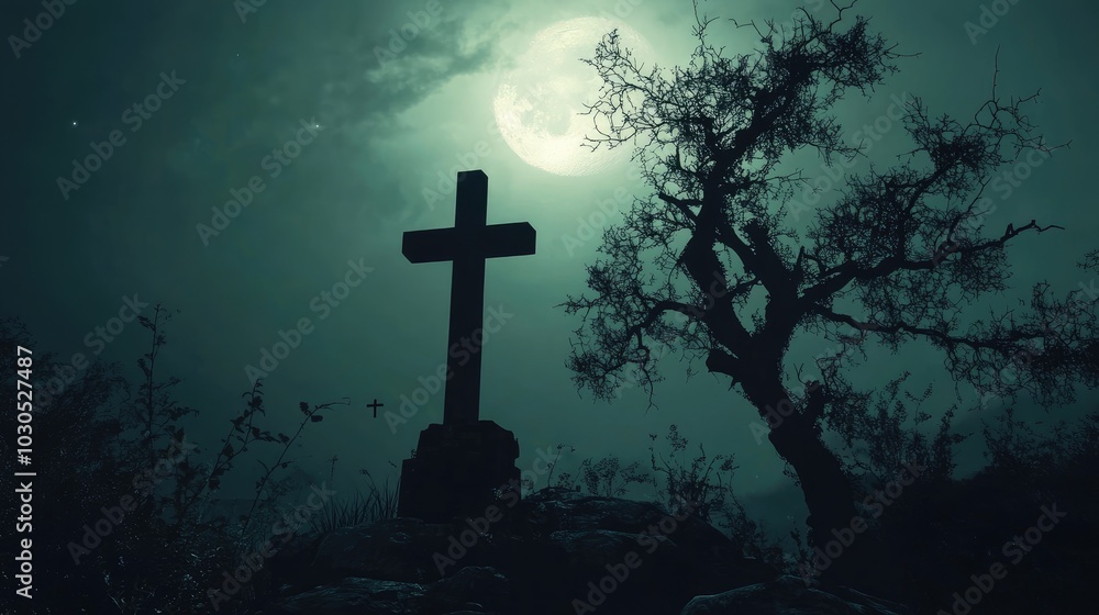 A dark Halloween background with a graveyard cross and a lifeless tree silhouetted under a haunting moonlit sky. A dark Halloween background with a graveyard cross and a lifeless tree silhouetted under a haunting moonlit sky.